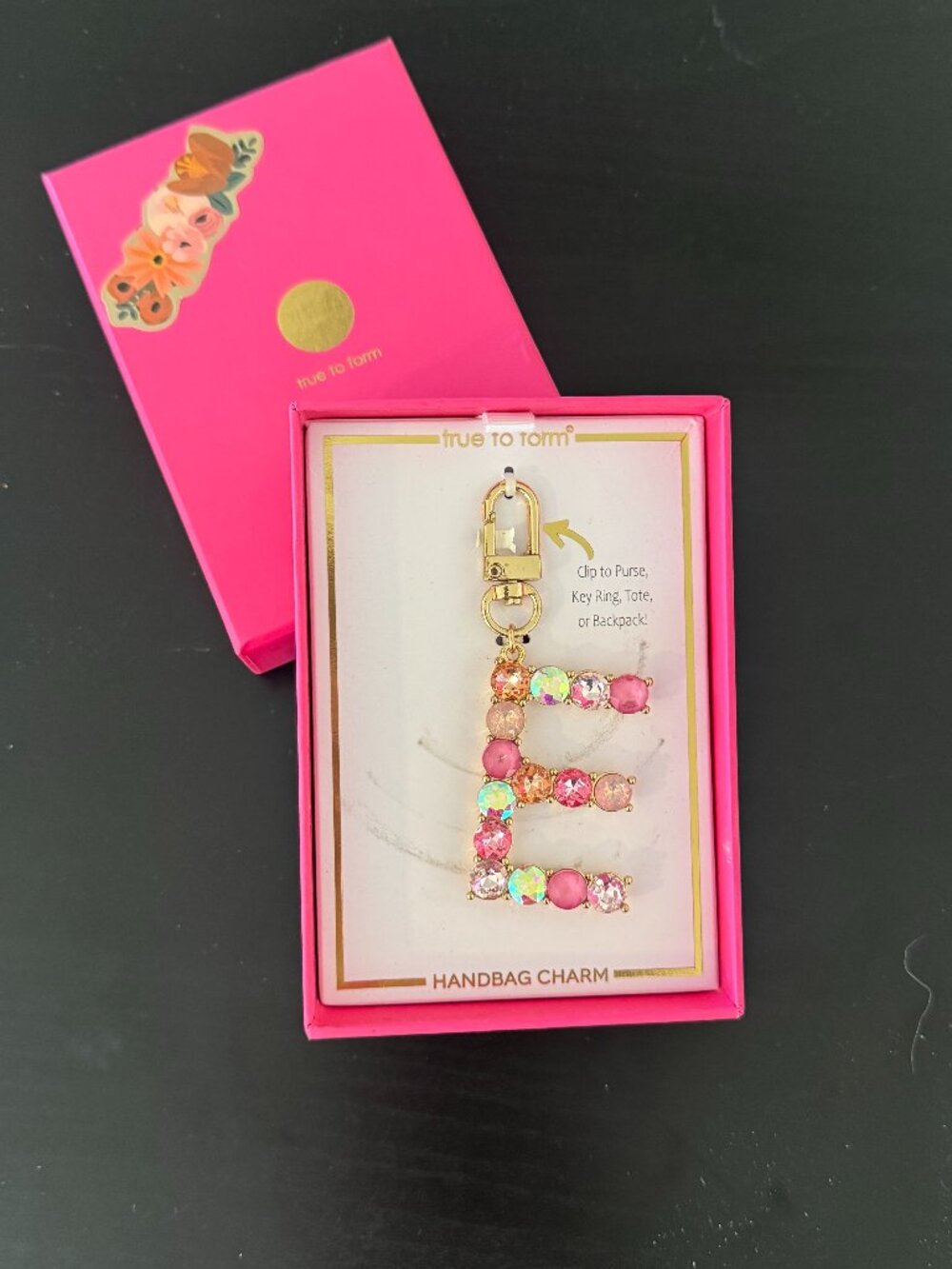 True to Form Pink and Gold tone Handbag Charm of letter E NIB